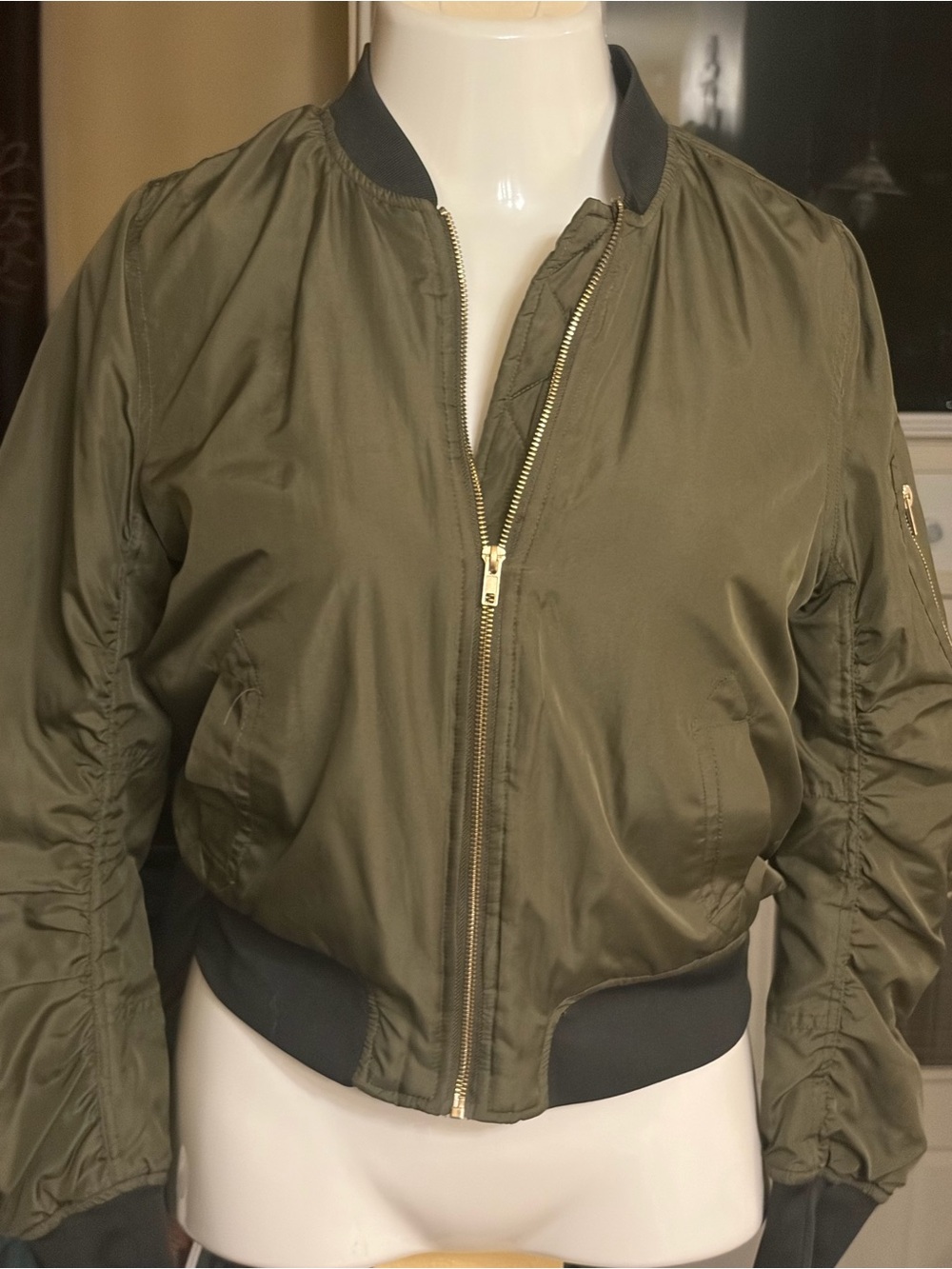 Trendy Olive Bomber Jacket Women’s Junior
Gold Hardware Satin Feel Look Warm